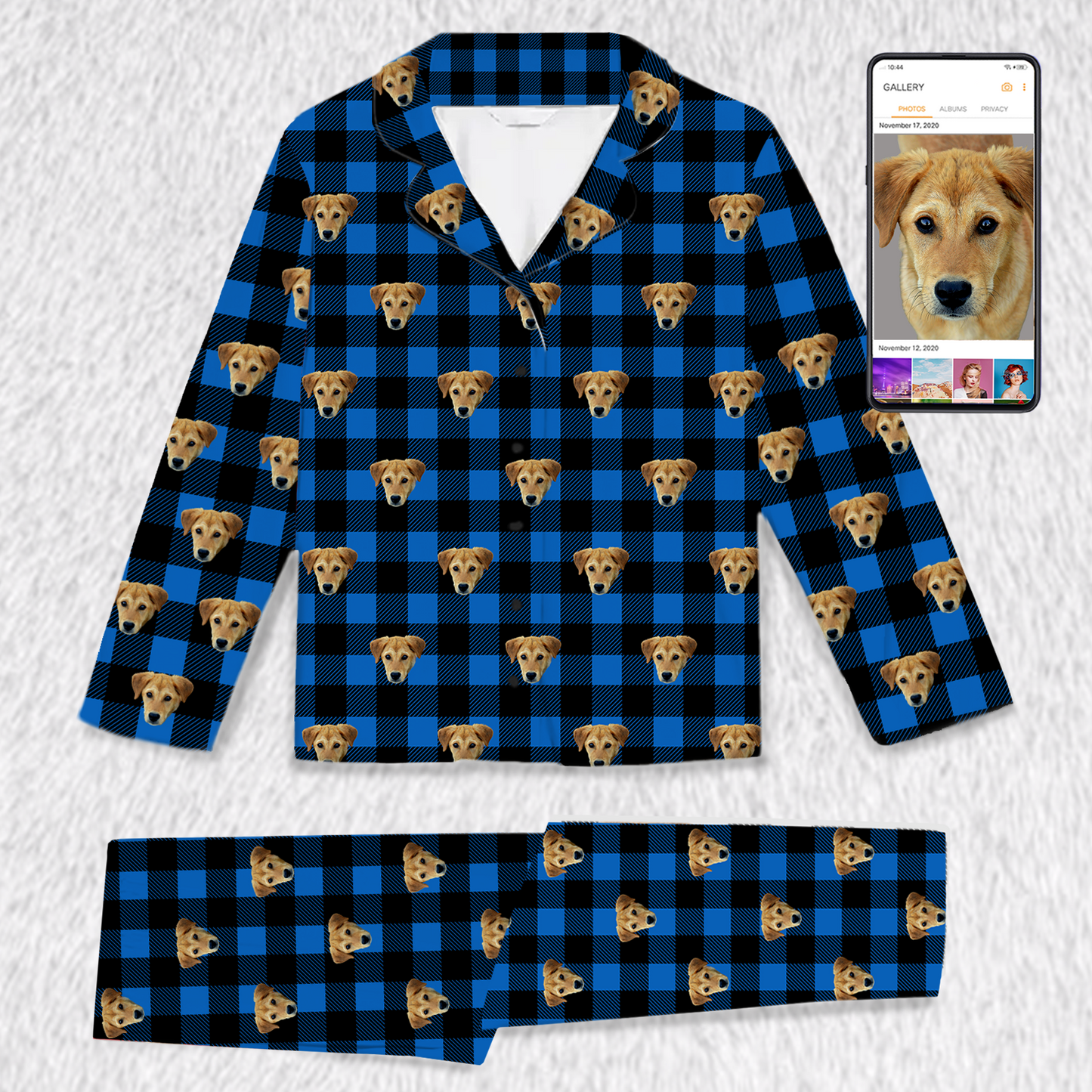 Blue plaid pajama set - Custom Pet design (for Adults & kids)