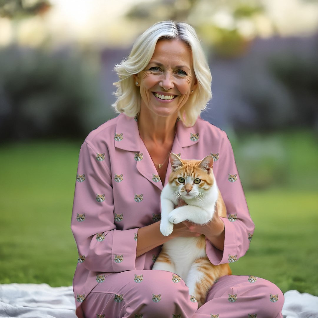 Woman wearing Custom pink pet pajama set with cat face design, holding orange tabby cat outdoors
